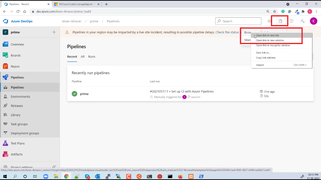 Install rktracer code coverage plugin azure Devops from marketplace step 1