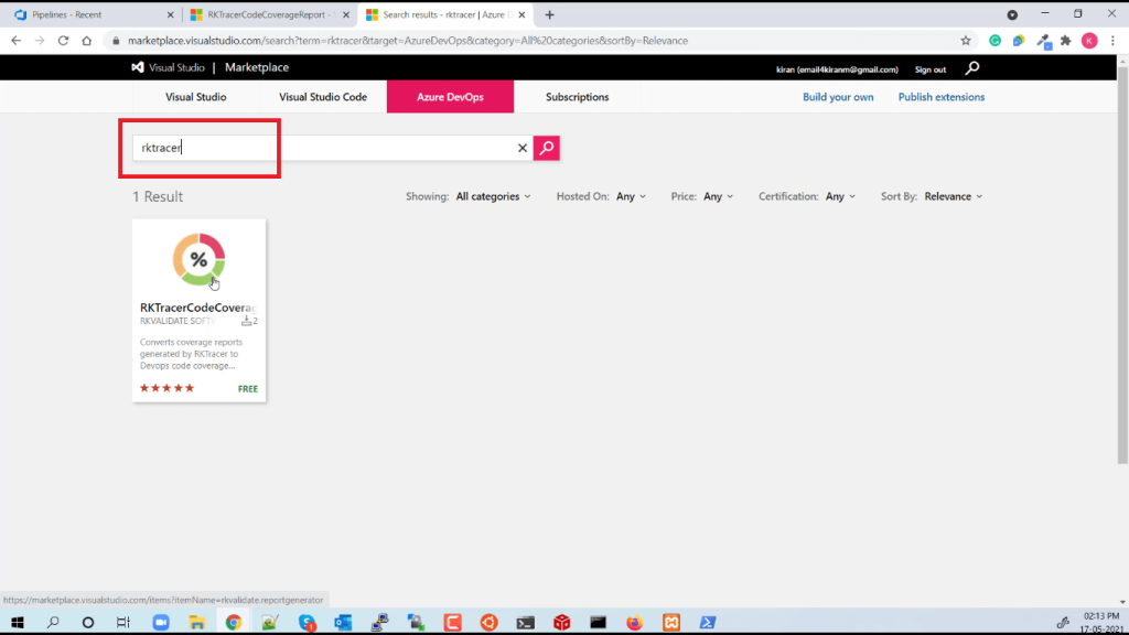 Install rktracer code coverage plugin azure Devops from marketplace step 2